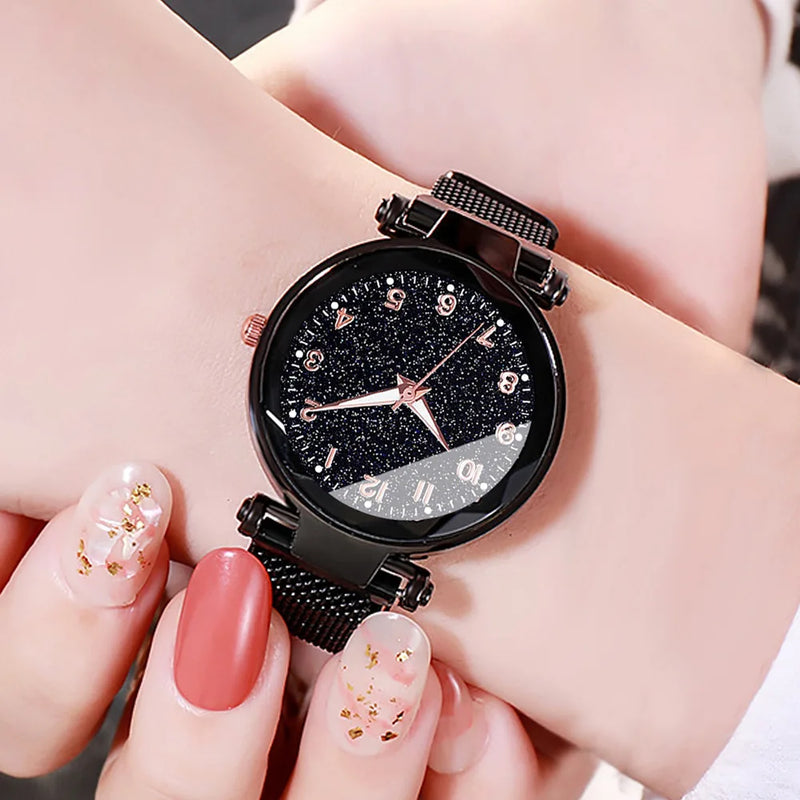 Conjunto de 5 relojes de pulsera de cuarzo con esfera redonda y diseño de cielo estrellado para mujer, relojes con cinturón de malla informales a la moda para mujer, reloj sencillo para vestir, regalo para niña