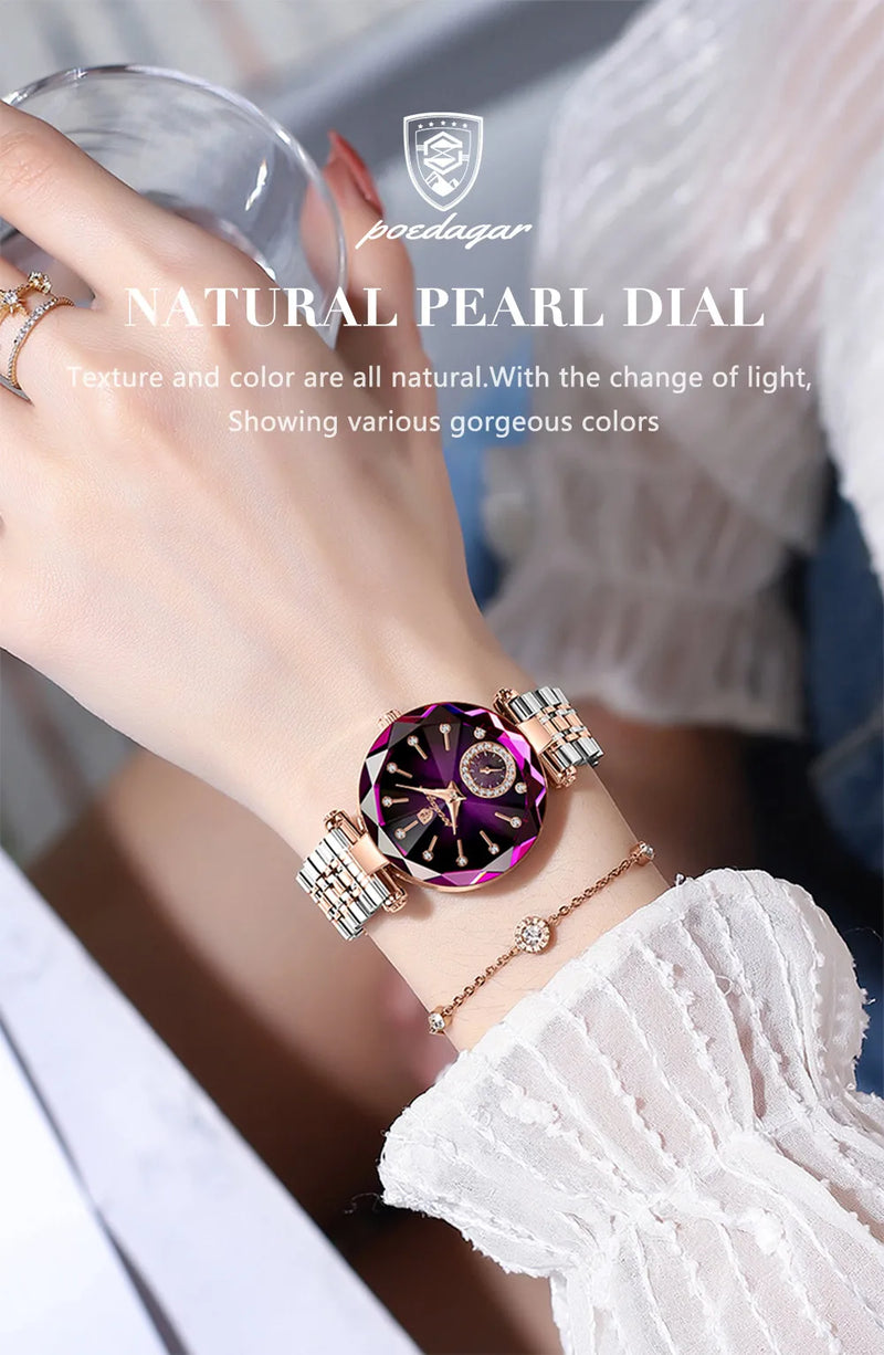 POEDAGAR Reloj de pulsera de lujo para mujer, elegante reloj de acero inoxidable resistente al agua para damas, relojes de cuarzo con diamantes para mujer, Reloj