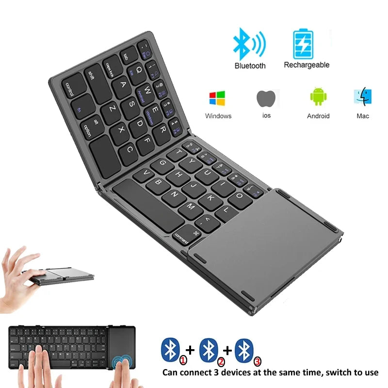 Mini teclado inalámbrico plegable con Bluetooth y panel táctil para teléfonos Windows, Android, iPad, recargable