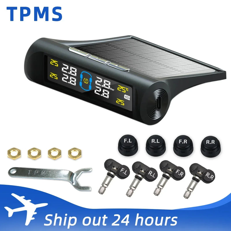 TPMS 4 Sensors Car Tire Pressure Alarm Monitor System Solar Smart Intelligent Warning Display Auto For Car SUV MPV