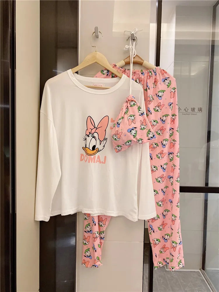 Disney Donald Duck new women's pajamas autumn cotton long-sleeved trousers two-piece set silk pajamas women's loungewear set