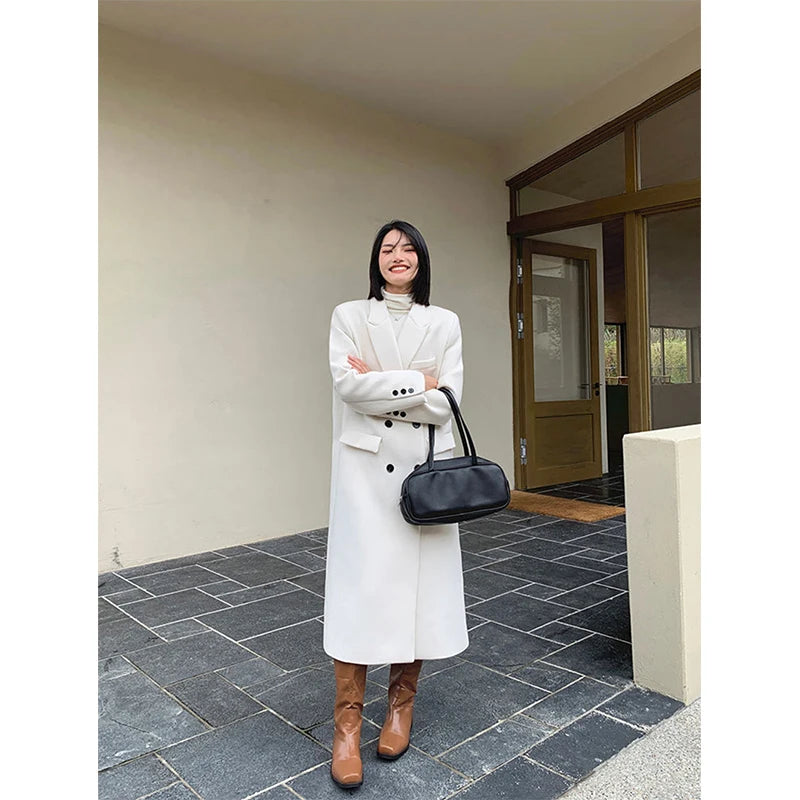 Elegant Long Wool Coats Women Streetwear Quilted Jacket Korean Double Breasted Woolen Overcoat Winter Oversized Thick Outwear