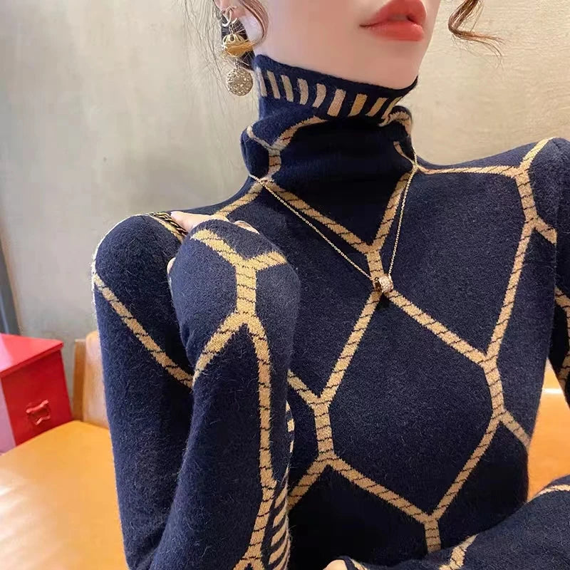 Early Spring Women's Slim Knitted Sweaters Turtleneck Fashion Vintage Simple Pullovers Female Top Daily Commuting Knitwear