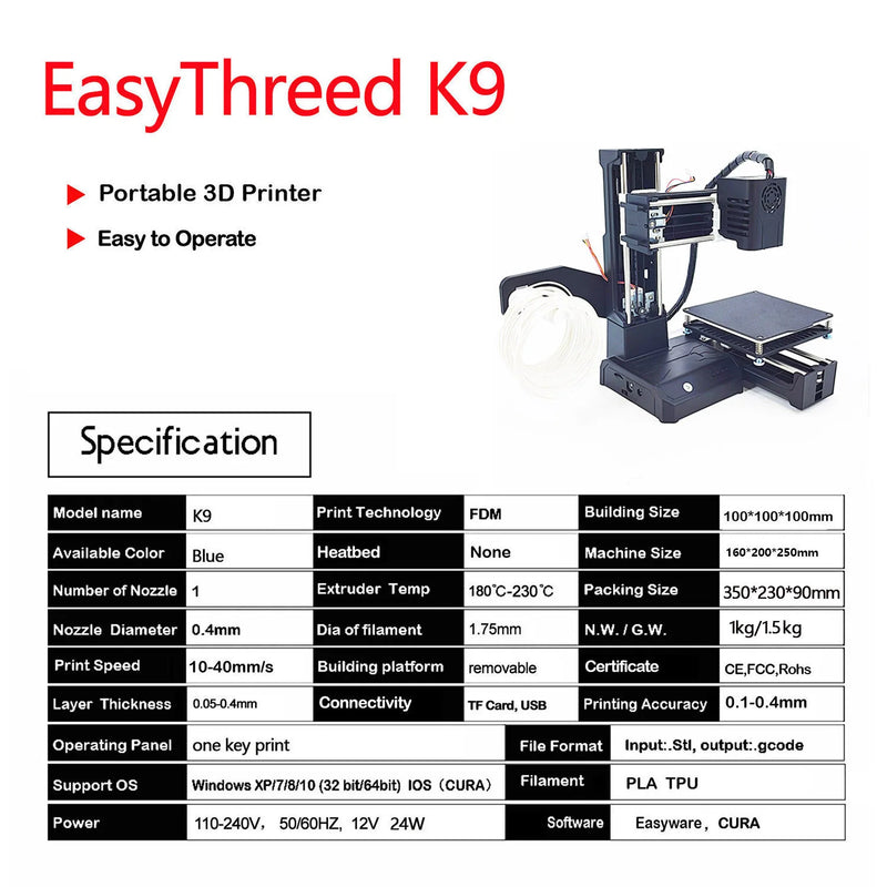 Impresora 3D pequeña K9 Supper Mini Desktop 10*10*10cm Sin cama caliente Impresión con una tecla con TF Máquina de impresora 3D Regalo EasyThreed