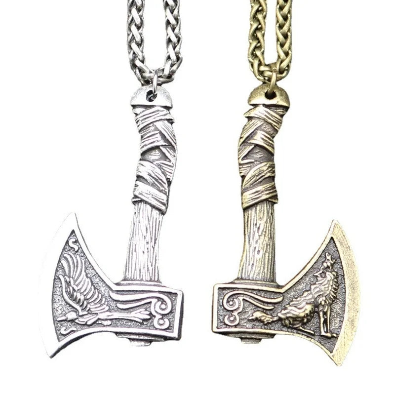 Trendy Retro Crow Prairie Wolf Double Sided Viking Tomahawk Pendant Necklace Charm Men's Necklace Metal Accessorie Party Jewelry