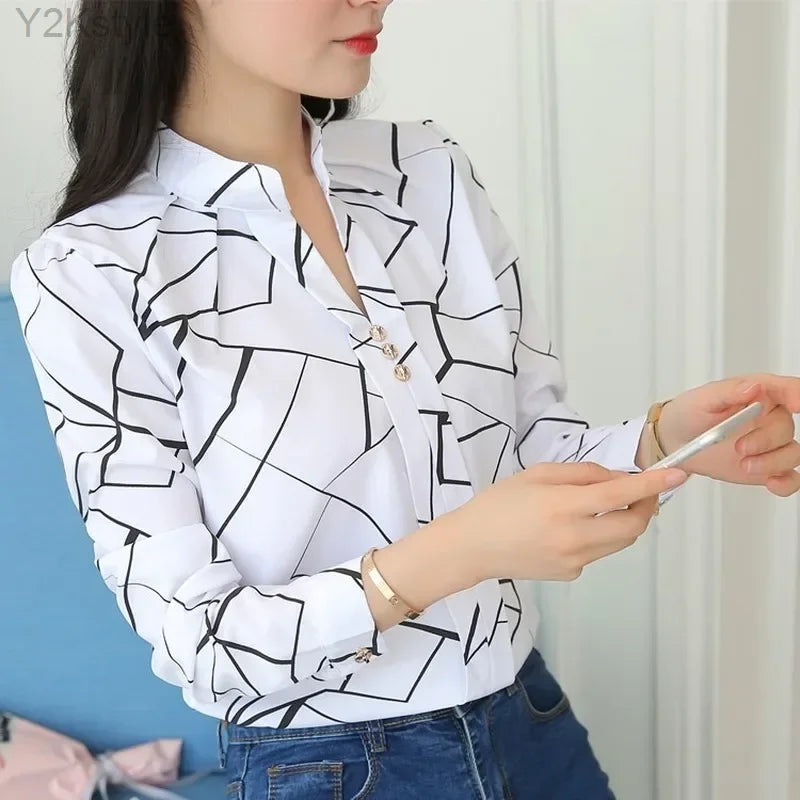 Women White Tops Women's Blouses Fashion Stripe Print Casual Long Sleeve Office Lady Work Shirts Female Slim Blusas