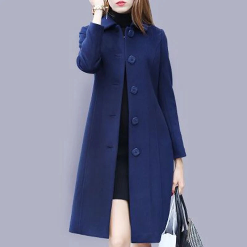 New Fashion British Solid Button Wool Coat Women Long Sleeve Jackets Woman Elegant Pocket Slim Outfit Mujer