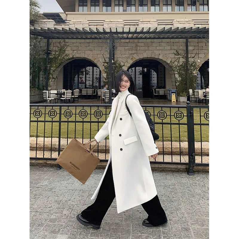 Elegant Long Wool Coats Women Streetwear Quilted Jacket Korean Double Breasted Woolen Overcoat Winter Oversized Thick Outwear