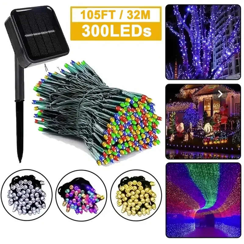 Cadena de luces solares para exteriores 2024, 300 LED, luces navideñas solares extra brillantes, impermeables, 8 modos de iluminación, luces solares para árbol de Navidad