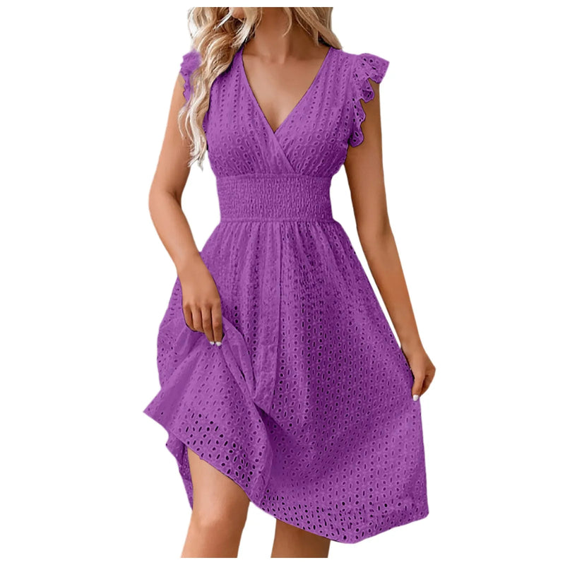 Vestido de mujer de encaje jacquard ahuecado ajustado cuello en V cintura elástica midi vestido blanco nuevo vestidos de longitud media para uso diario coreano