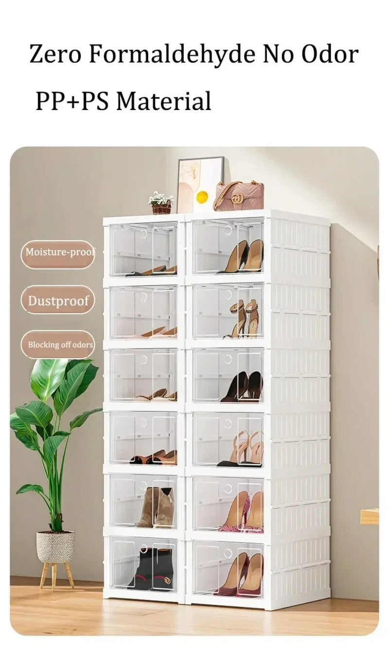 Organizador de zapatos, cajas de almacenamiento de zapatos de plástico plegables para zapatillas, apilables, a prueba de polvo, gabinete transparente, estante para zapatos de varias capas