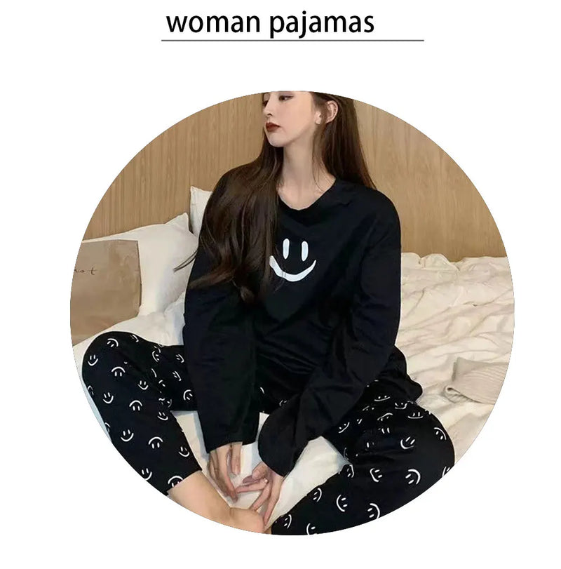 Winter Sleepwear Women's Pajamas Set Long Sleeve Pant Homewear Loose-fit Pajama Smile Facce Print Loungewear