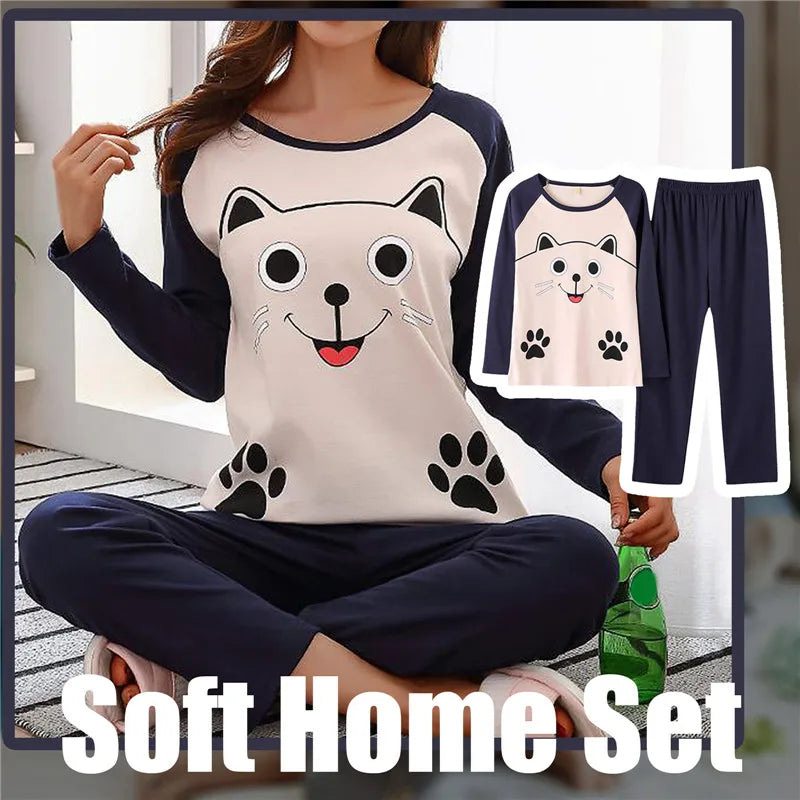 spring and autumn Cute Cartoon Cat Print Pajama Set Women Two-pieces Long Sleeve Sleepwear Underwear Women Pajama Sets