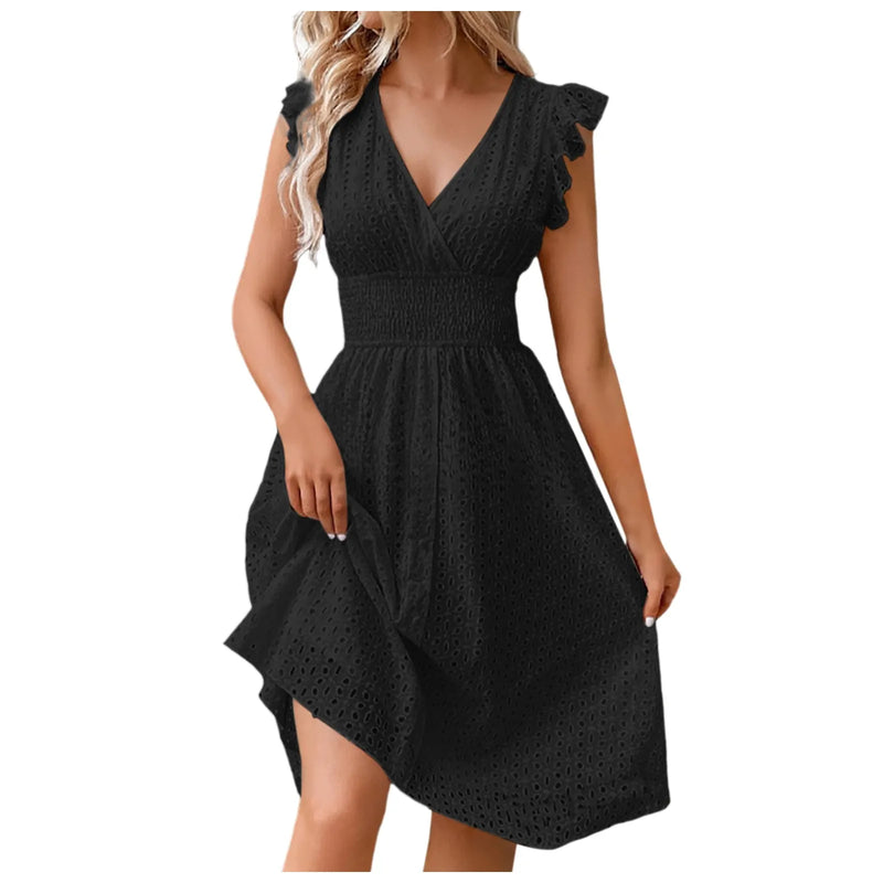 Vestido de mujer de encaje jacquard ahuecado ajustado cuello en V cintura elástica midi vestido blanco nuevo vestidos de longitud media para uso diario coreano