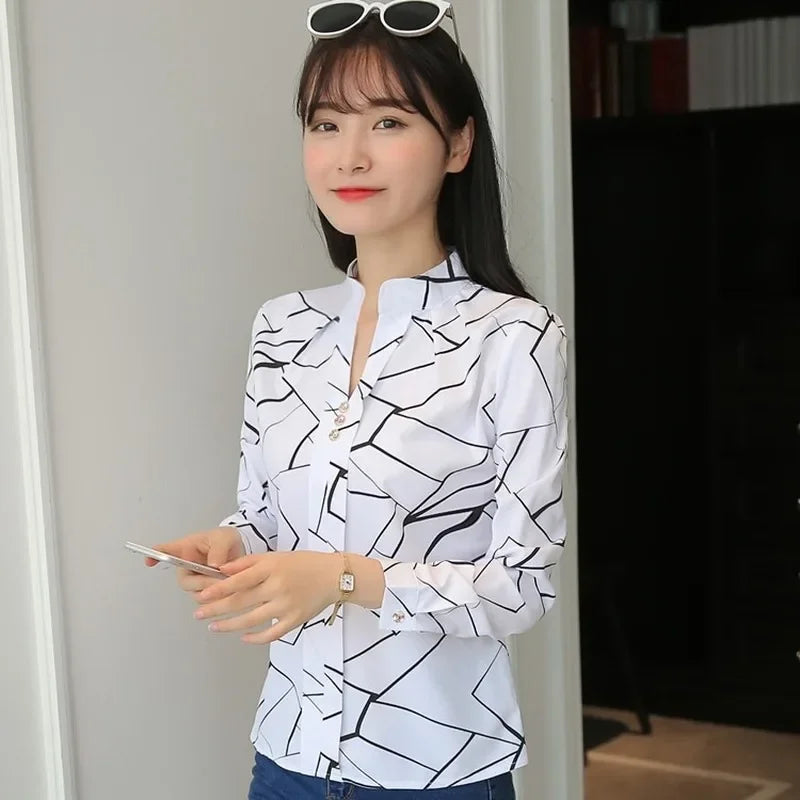 Women White Tops Women's Blouses Fashion Stripe Print Casual Long Sleeve Office Lady Work Shirts Female Slim Blusas