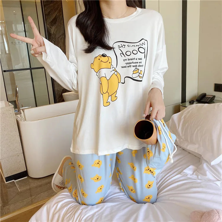 Disney Donald Duck new women's pajamas autumn cotton long-sleeved trousers two-piece set silk pajamas women's loungewear set