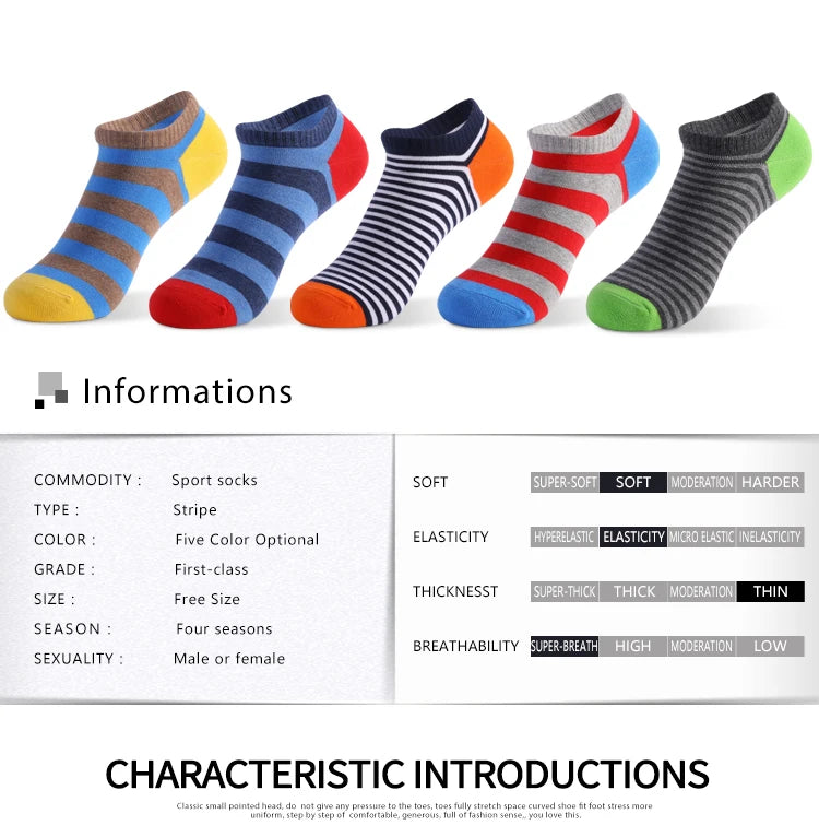 5 Pairs Low Cut Men Socks Solid Color Stripe Breathable Cotton Socks Sport Short Socks Women Men Funny  Ankle Socks