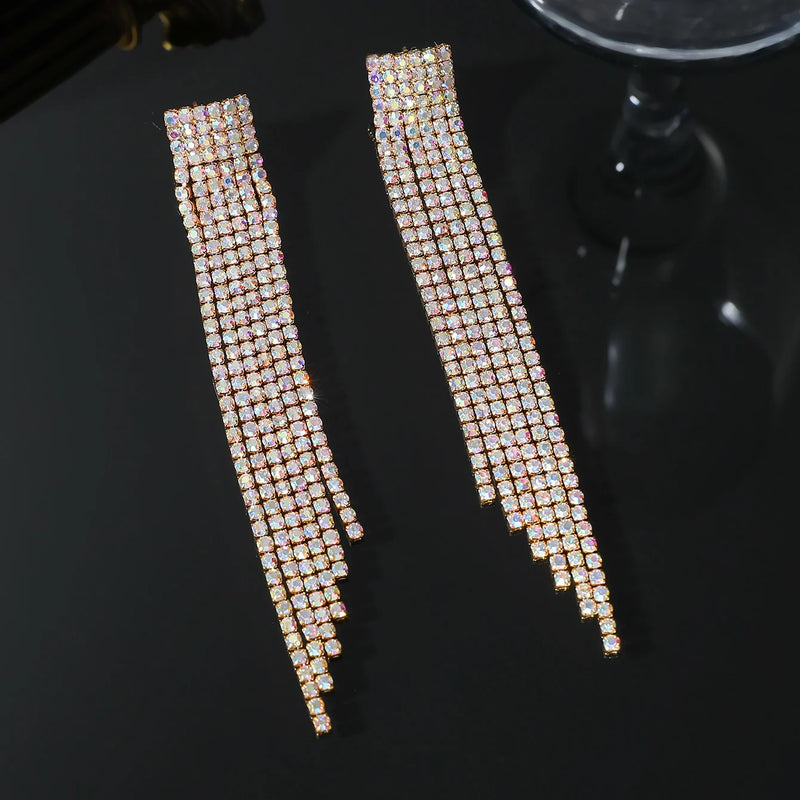 Nuevos pendientes largos colgantes con borlas de cristal y diamantes de imitación brillantes para competición de baile, para fiesta, graduación, joyería de moda, regalos