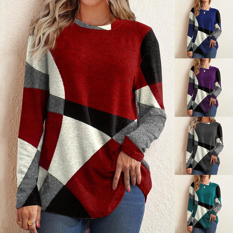 High-quality Trendy Women's Thin Geometric Contrast French Cashmere Long Sleeve Print Fashionable Loose Sweatshirt Comfortable