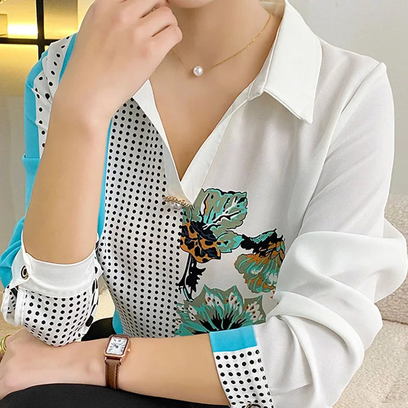 Women's Clothing Fashion Vintage Printed Spliced Long Sleeve Shirt Autumn Korean Casual Polo-Neck Beading Blouse for Female