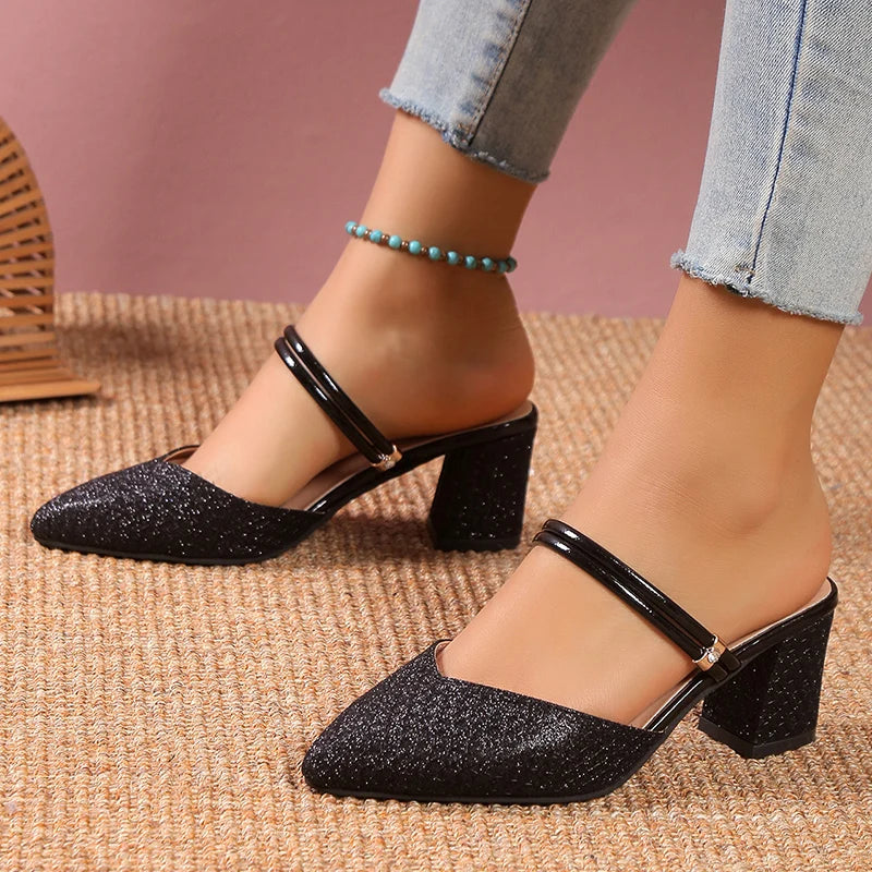 Zapatos de tacón alto con adornos dorados y plateados para mujer, zapatos de fiesta a la moda con tiras en la espalda, sin cordones, con punta en pico y tacón grueso