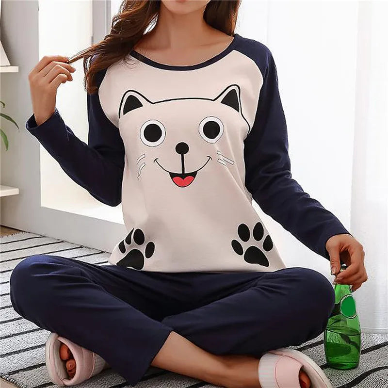 spring and autumn Cute Cartoon Cat Print Pajama Set Women Two-pieces Long Sleeve Sleepwear Underwear Women Pajama Sets