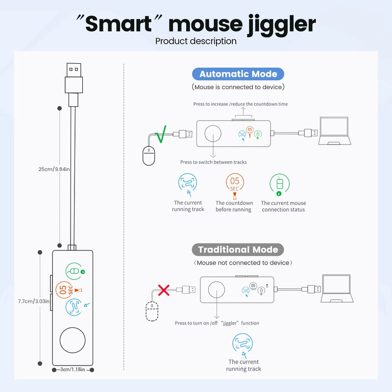 Fully Automatic Mouse Jiggler 100% Absolutely Undetectable USB Mouse Mover with HD Screen, Countdown Adjustable and 3 Trails