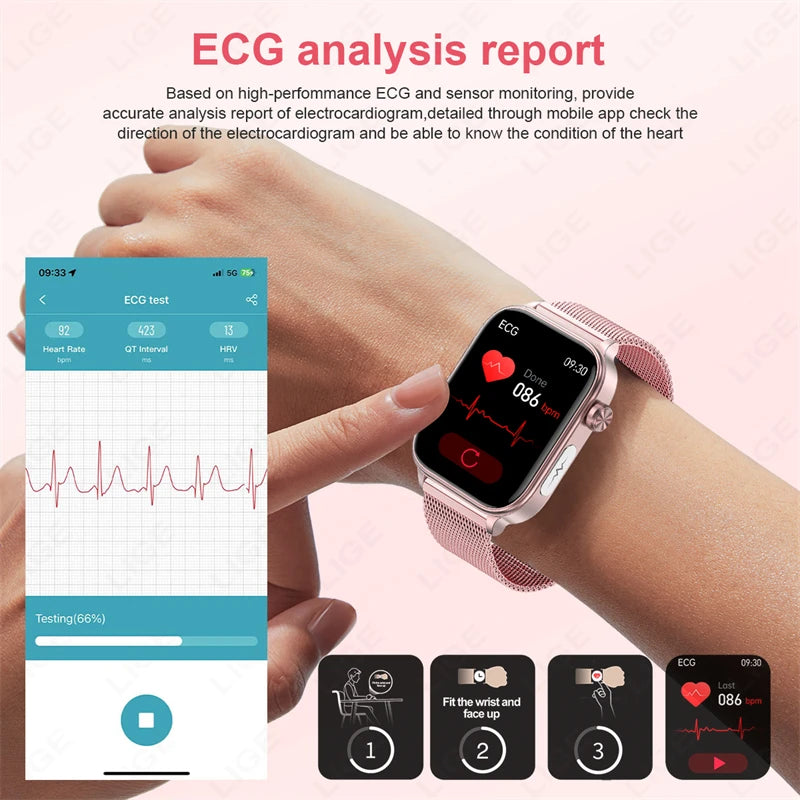 LIGE Health - Reloj inteligente de grado médico para hombre y mujer, con control del lípido en sangre, ácido úrico, ECG+PPG, temperatura corporal, llamadas por Bluetooth