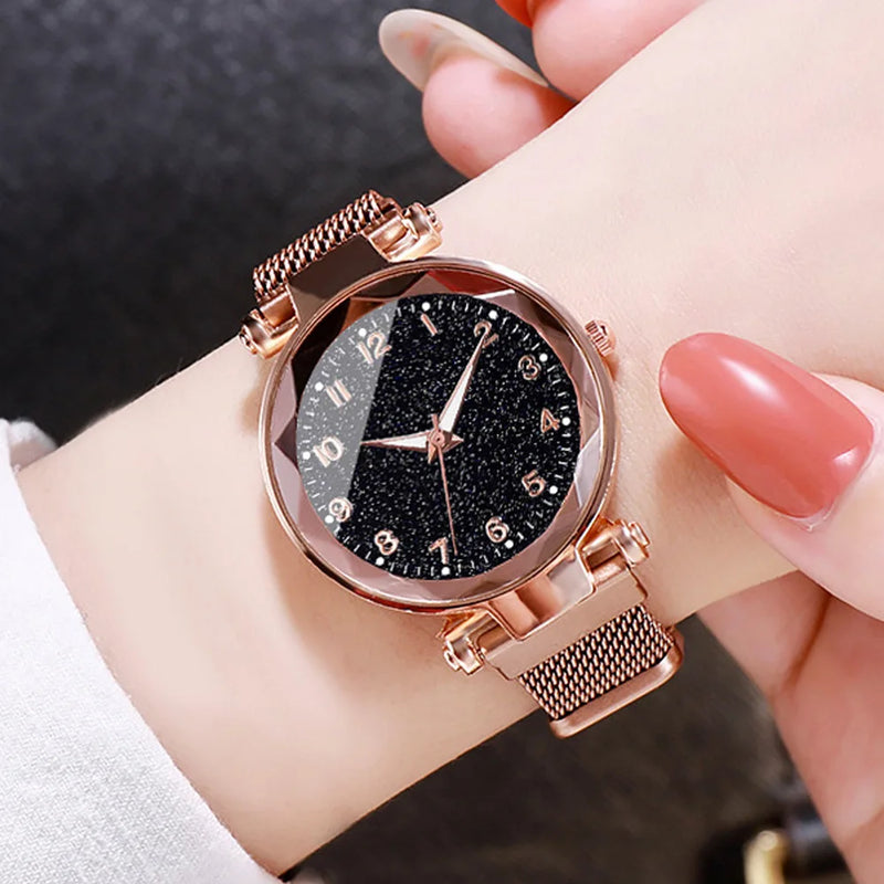 Conjunto de 5 relojes de pulsera de cuarzo con esfera redonda y diseño de cielo estrellado para mujer, relojes con cinturón de malla informales a la moda para mujer, reloj sencillo para vestir, regalo para niña