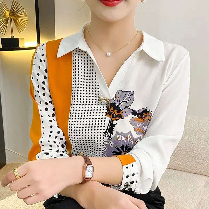 Women's Clothing Fashion Vintage Printed Spliced Long Sleeve Shirt Autumn Korean Casual Polo-Neck Beading Blouse for Female