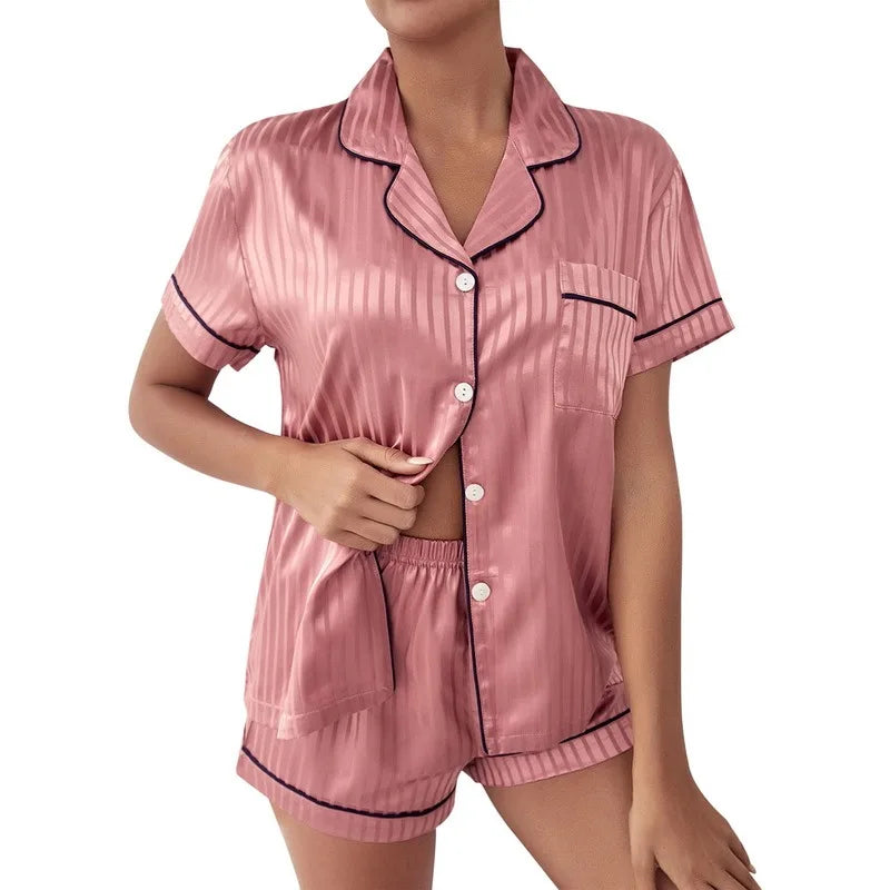 Conjunto de pijama para mujer, pijama de satén sedoso a rayas, camiseta de manga corta con pantalones cortos, conjunto de pijama, ropa interior, novedad de 2023, tallas S a 3XL