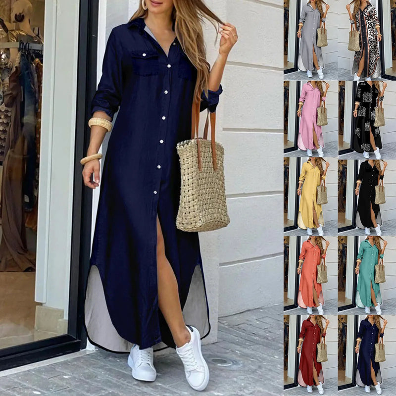 Vestido camisero elegante de moda de verano para mujer 2023, estampado de manga larga con botones, ropa informal para oficina y vacaciones, vestido largo para mujer