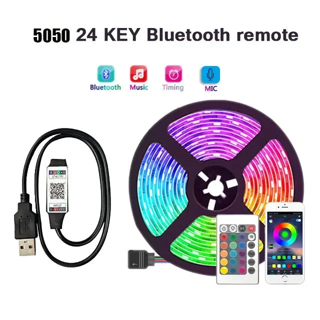 Tira de luces LED RGB de 1 a 30 m con Bluetooth 5050, 5 V, control por aplicación USB, cinta de luces LED flexible para juegos, dormitorio y fiestas