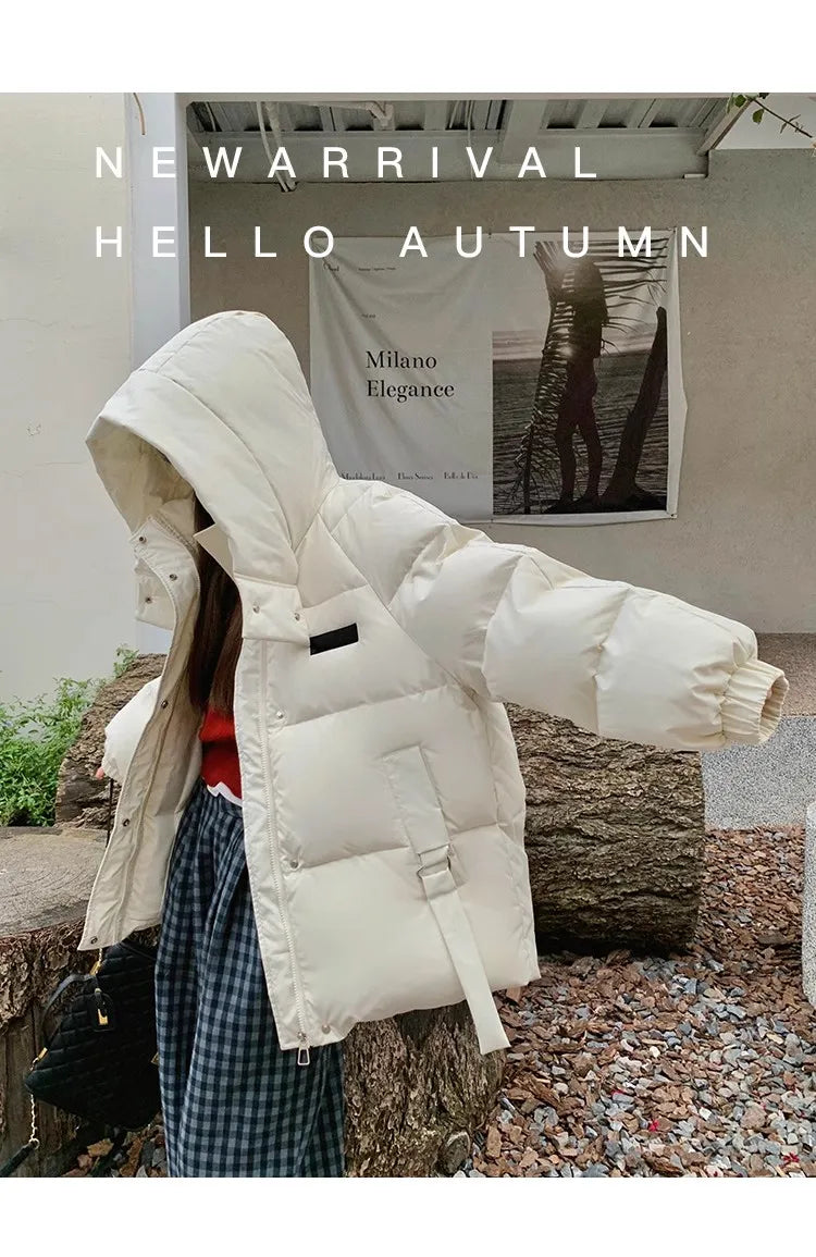 Solid Color Down Jacket Women Hooded Coat Stand Collar Fashion American Streetwear Duck Down Feather Female Winter Short Outwear