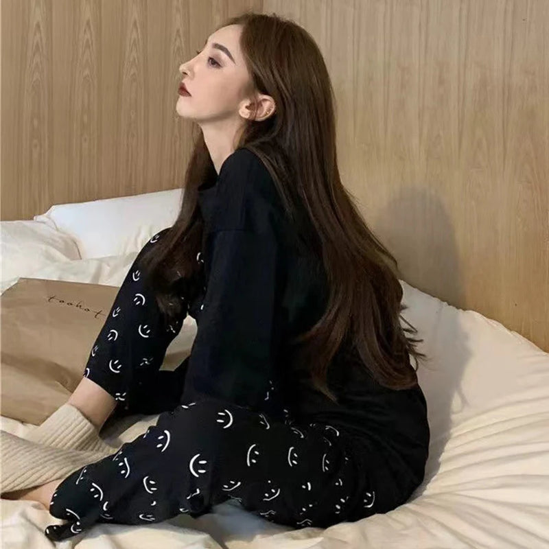 Winter Sleepwear Women's Pajamas Set Long Sleeve Pant Homewear Loose-fit Pajama Smile Facce Print Loungewear