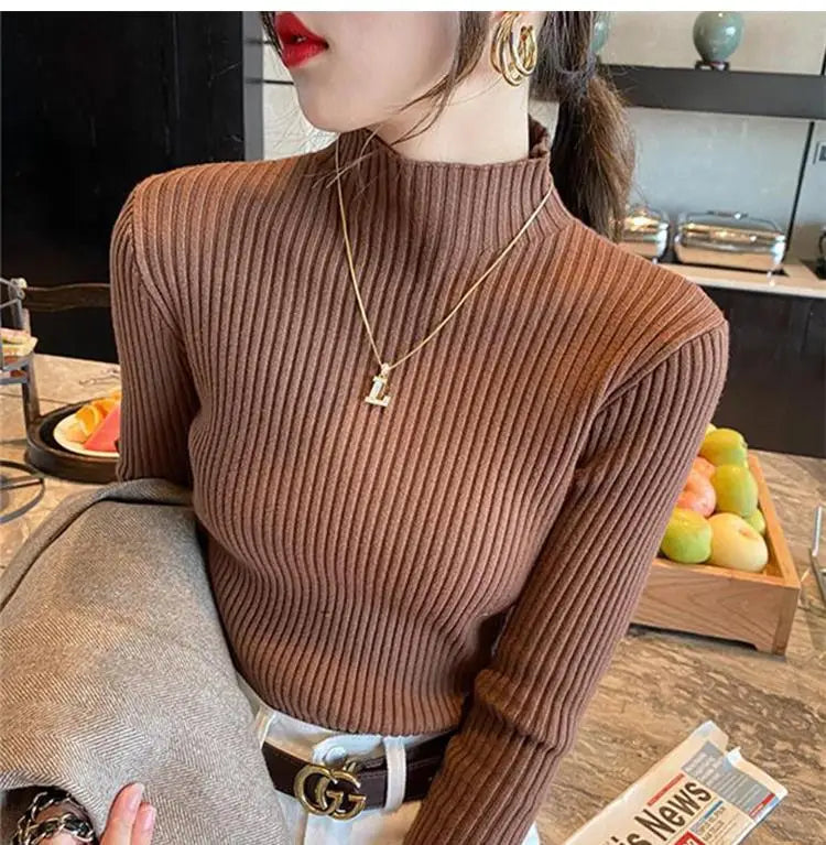 Epligg Women Turtlneck Sweater Long Sleeve Casual Slim Pullover Fashion Simple Chic Clothes Elegant Solid Basic Knitted Tops