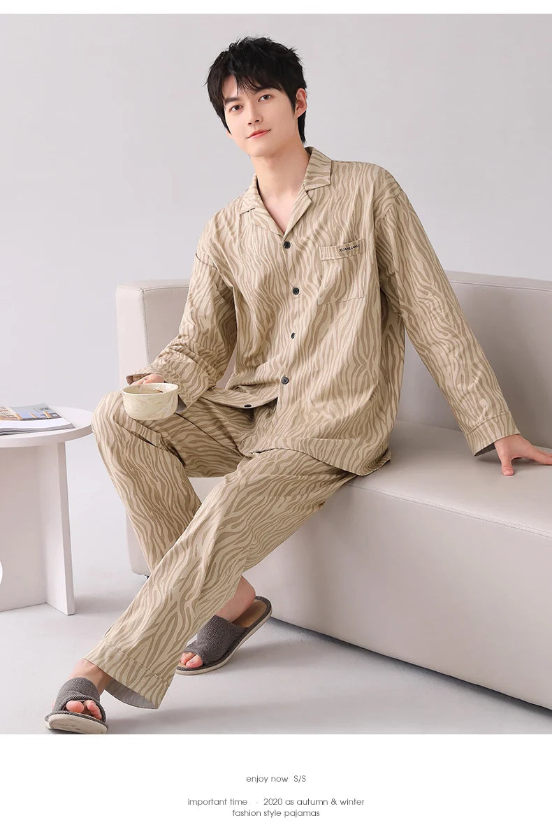 Conjuntos de pijamas para hombre, pijamas de algodón, cárdigan con botones para hombre, ropa de dormir, ropa de dormir de manga larga, chándal informal estampado, pijama para hombre