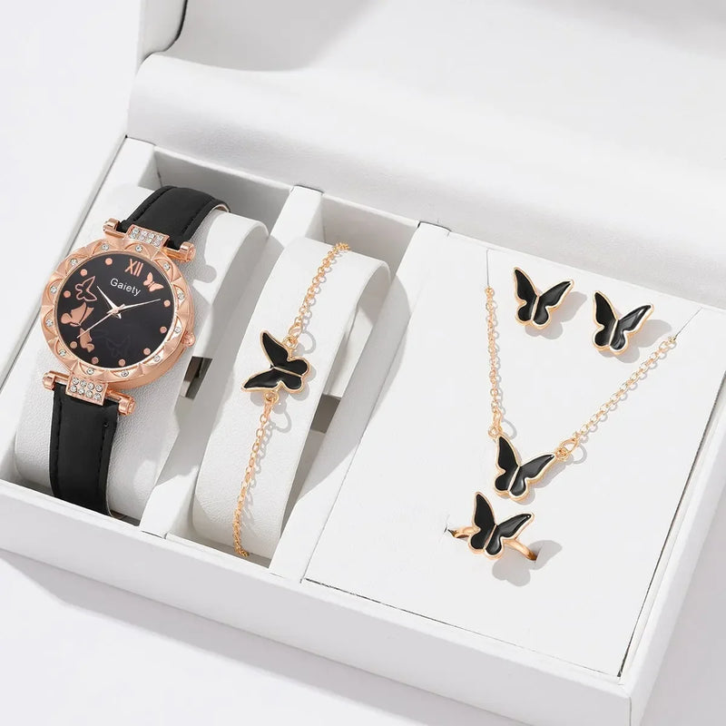 6/1pcs Set Women Watch Ring Necklace Earrings Bracelet Set Watches Butterfly Leather Strap Ladies Quartz WristWatch (No Box)