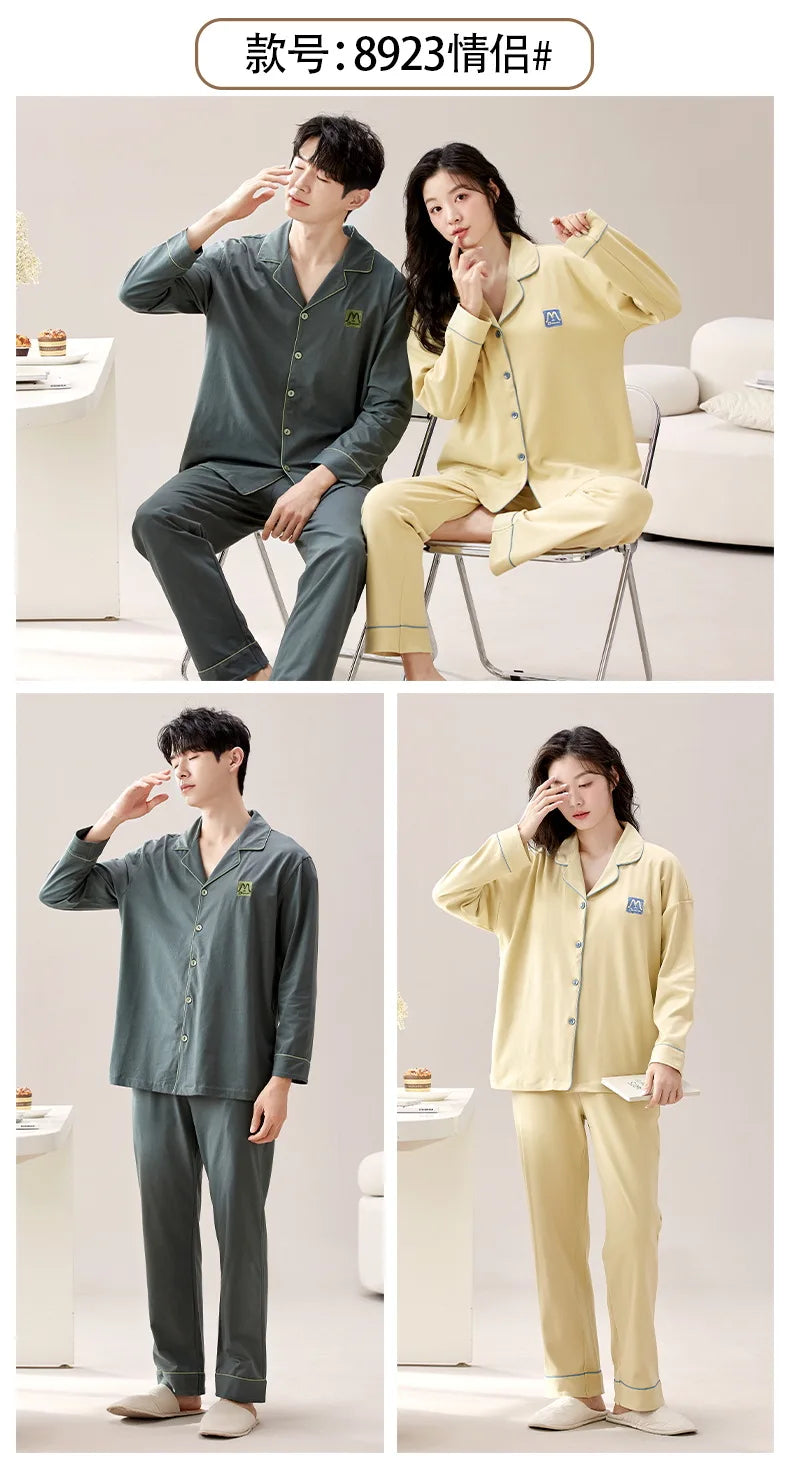 2024 New Cotton Homewear for Couples Autumn Women and Men Matching Cardigan Pajamas Set Young Girl Boy Pjs Pijamas Mujer Hombre