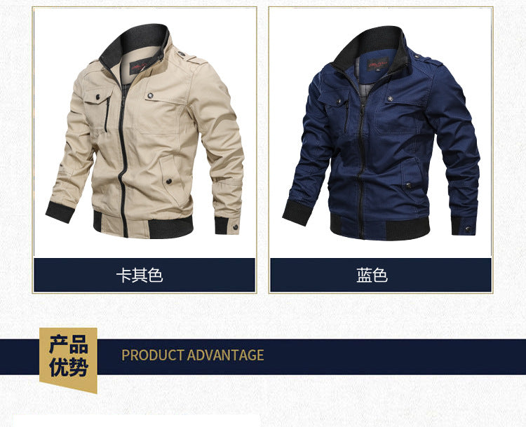 Casual solid color jacket, zippered pocket, stand up collar, oversized jacket, tough guy style, thin motorcycle top