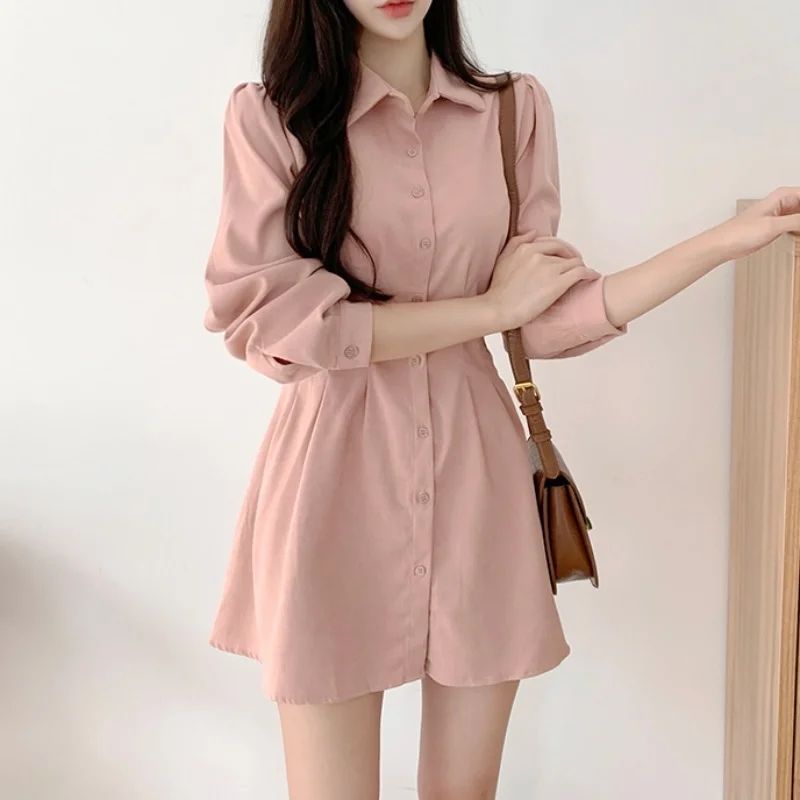 Korean Chic Fashon Slim Mini Long Sleeve Dress Women's 2024 Spring Autumn New Elegant Casual Polo Shirt Dresses Solid Clothing