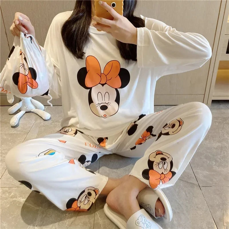 Disney Donald Duck new women's pajamas autumn cotton long-sleeved trousers two-piece set silk pajamas women's loungewear set