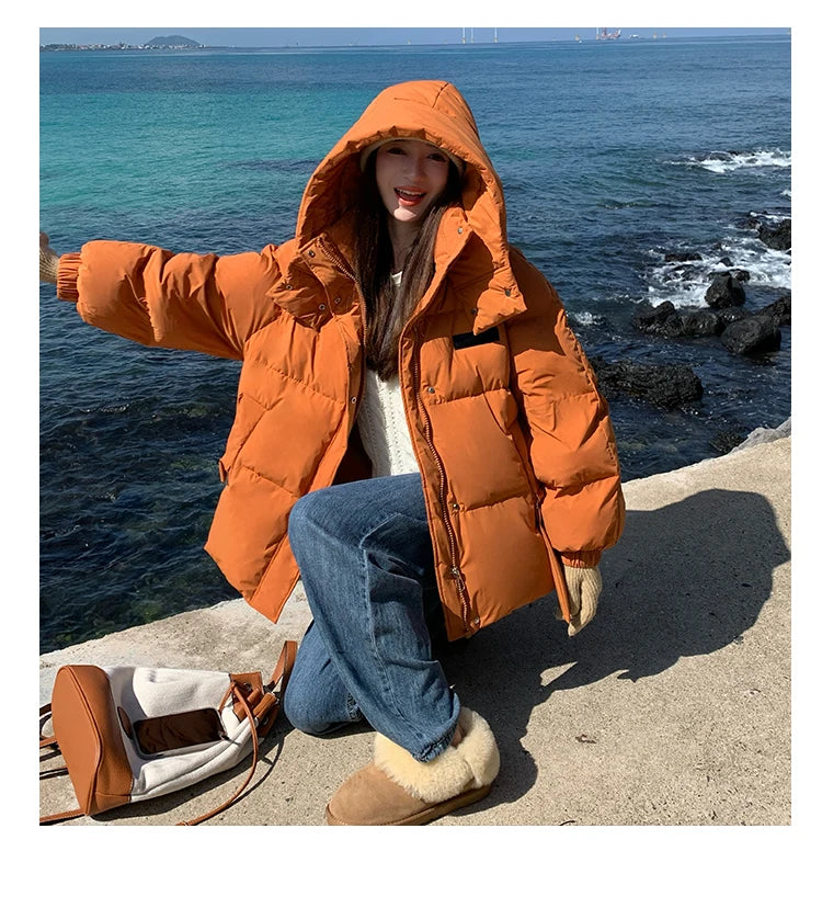 Solid Color Down Jacket Women Hooded Coat Stand Collar Fashion American Streetwear Duck Down Feather Female Winter Short Outwear