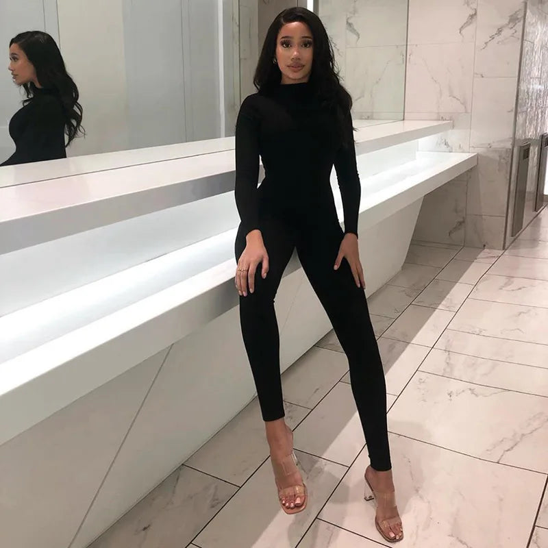 Autumn Black Jumpsuits For Women Streetwear Long Sleeve O-Neck Solid Bodycon Sexy Sporty Rompers Casual Skinny Fashion Overall