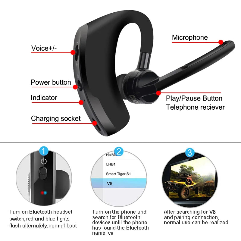 Auriculares Bluetooth V8 rtSpo, auriculares estéreo inalámbricos con micrófono HD, kit manos libres para el coche con micrófono para iPhone, Samsung y Huawei