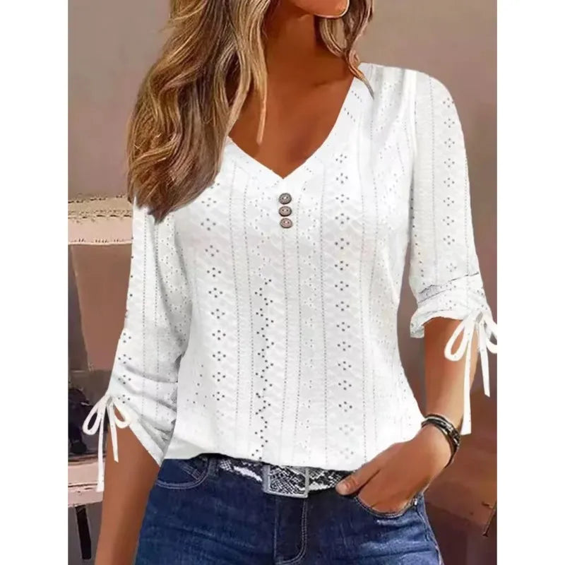 Blusas de manga larga para mujer, blusas holgadas informales con botones y cuello en V para otoño e invierno, blusas de moda para mujer de color blanco liso con lazo calado para mujer