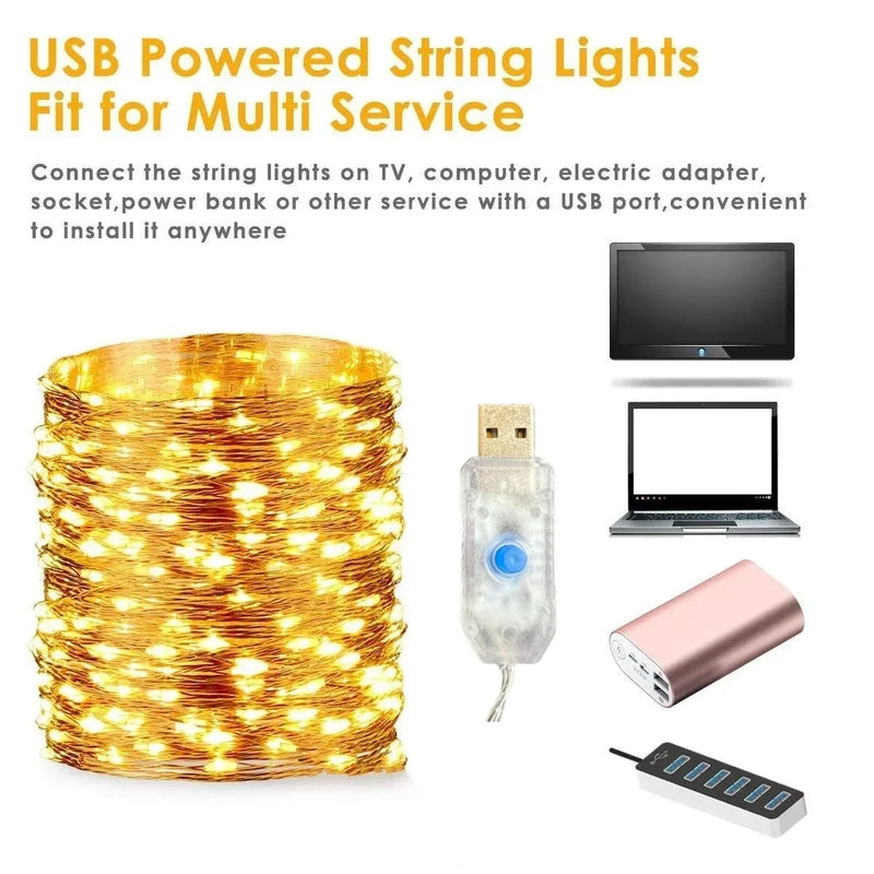 Cadena de luces LED de alambre de cobre, 100/200 luces LED USB con control remoto, 8 modos, decoración navideña a prueba de agua para Año Nuevo