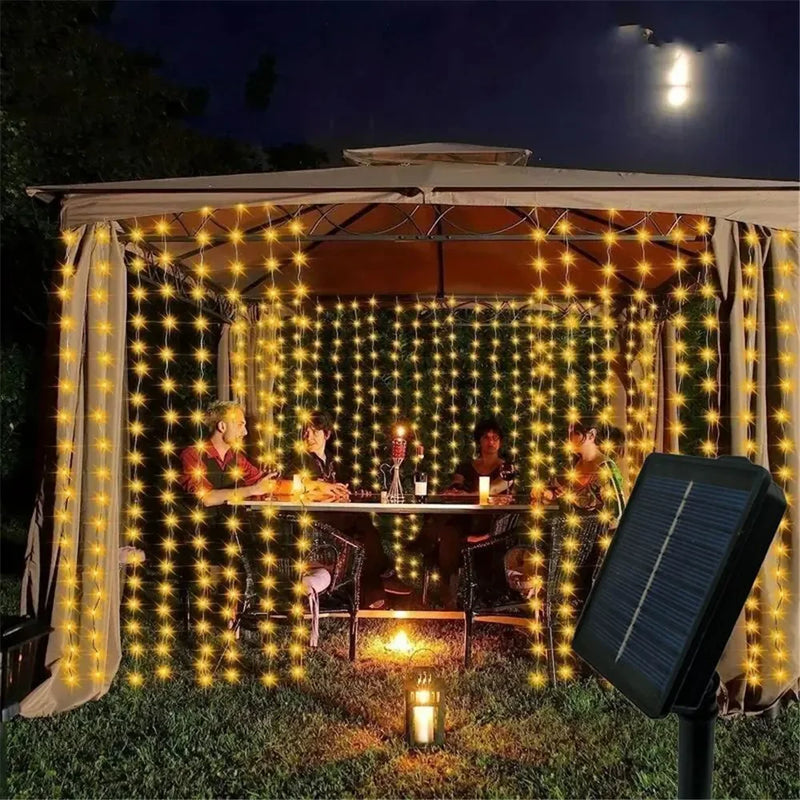 3x3M 300Leds Solar Curtain String Lights Outdoor Waterproof Garden Decoration Fairy Garland 8 Lighting Modes Christmas Lighting