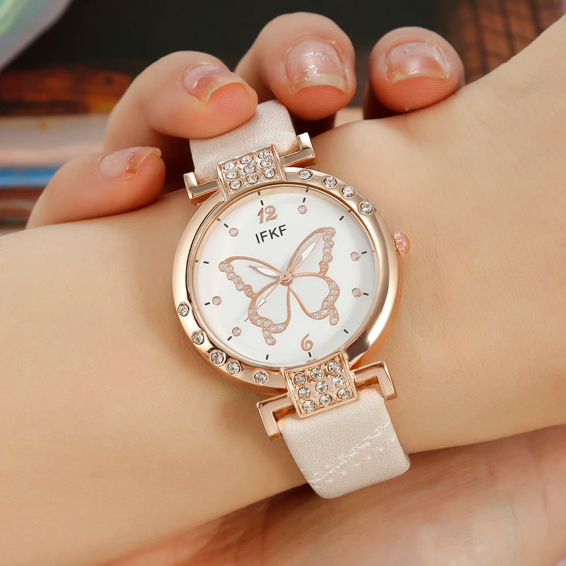 Nuevo reloj de cuarzo con cinturón sencillo de moda coreana, edición para mujer + conjunto de joyas de tres piezas