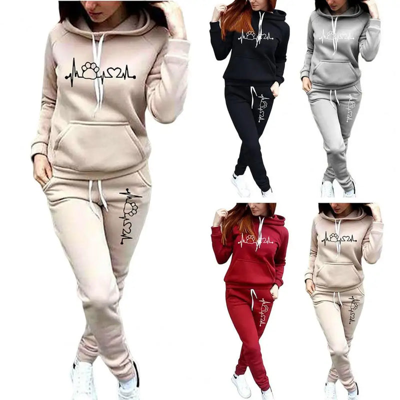 2Pcs/Set Trendy 3D Cutting Casual Tracksuit Pockets Lady Winter Heartbeat Print Slim Hoodie Sweatpants Set Cold Resistant